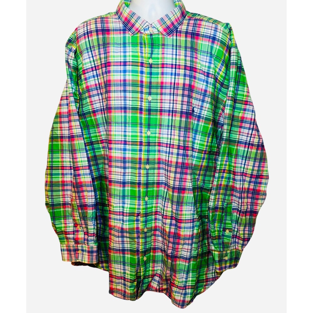 Polo Ralph Lauren Mens 4XB Plaid Button Down Shirt Green Pink Blue Big & Tall - Picture 2 of 9